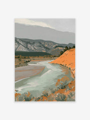 Illustrative landscape art print with a winding river, orange hill, and grey mountains under a cloudy sky