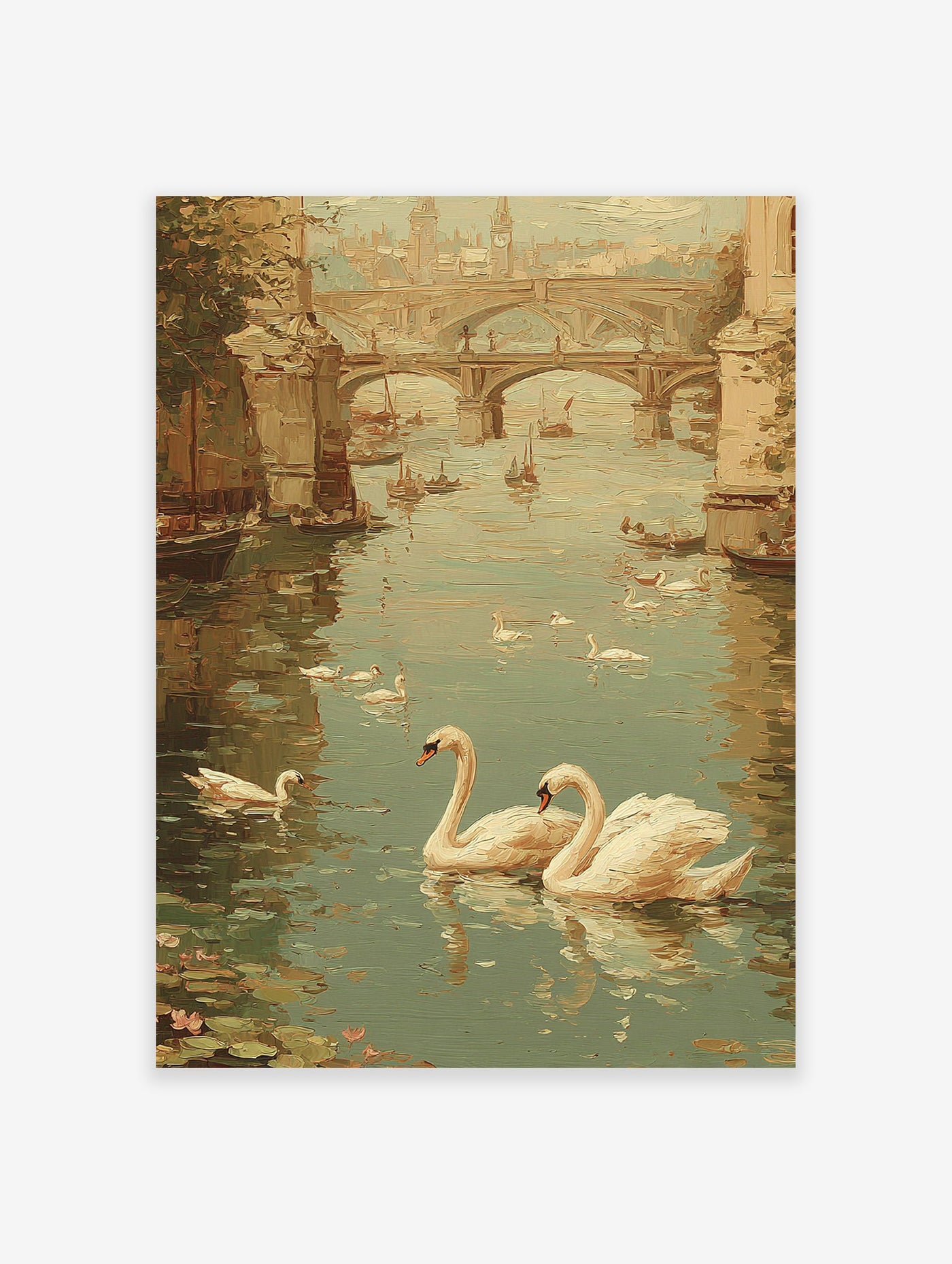 Impressionist river landscape painting with swans, boats, and a stone bridge leading to a city skyline.