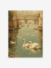 Impressionist river landscape painting with swans, boats, and a stone bridge leading to a city skyline.