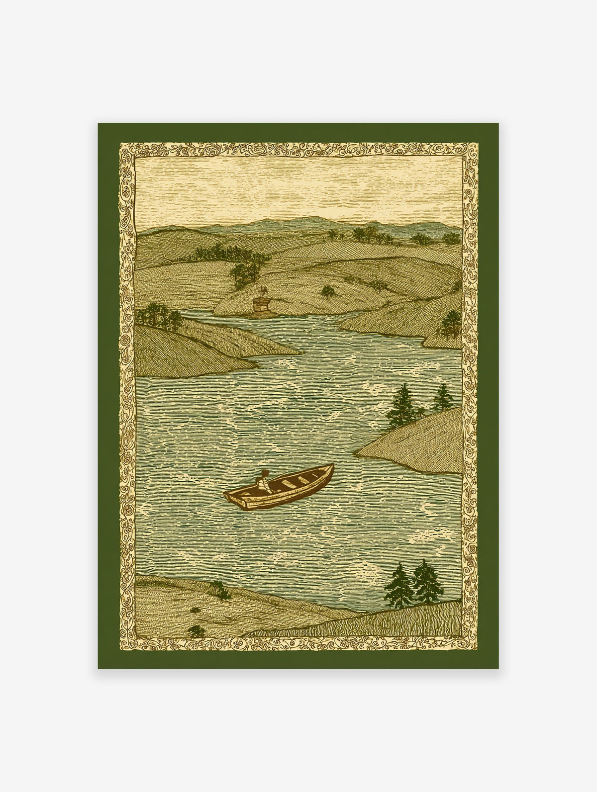 Vintage river landscape print featuring a person in a rowboat on water, surrounded by rolling hills and trees.