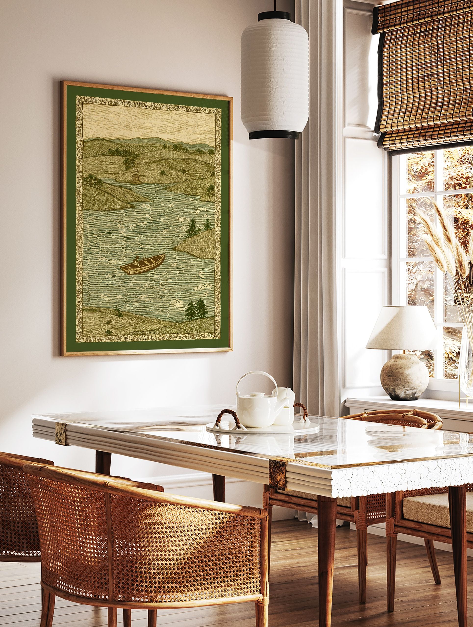 Vintage river landscape print featuring a person in a rowboat on water, surrounded by rolling hills and trees. - Image 2