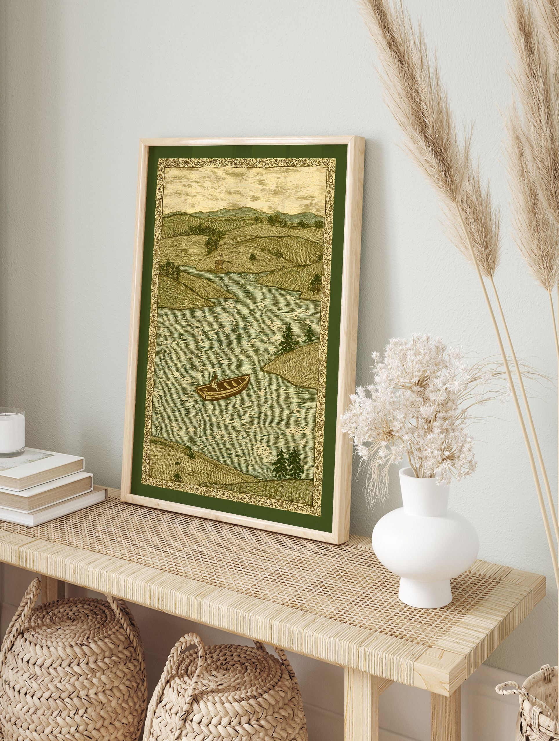Vintage river landscape print featuring a person in a rowboat on water, surrounded by rolling hills and trees. - Image 3