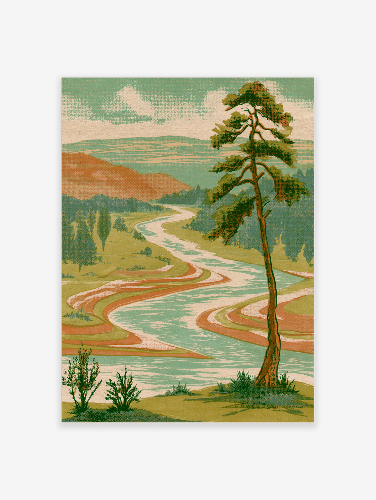 River landscape art print with winding stream, pine tree, and terracotta hills