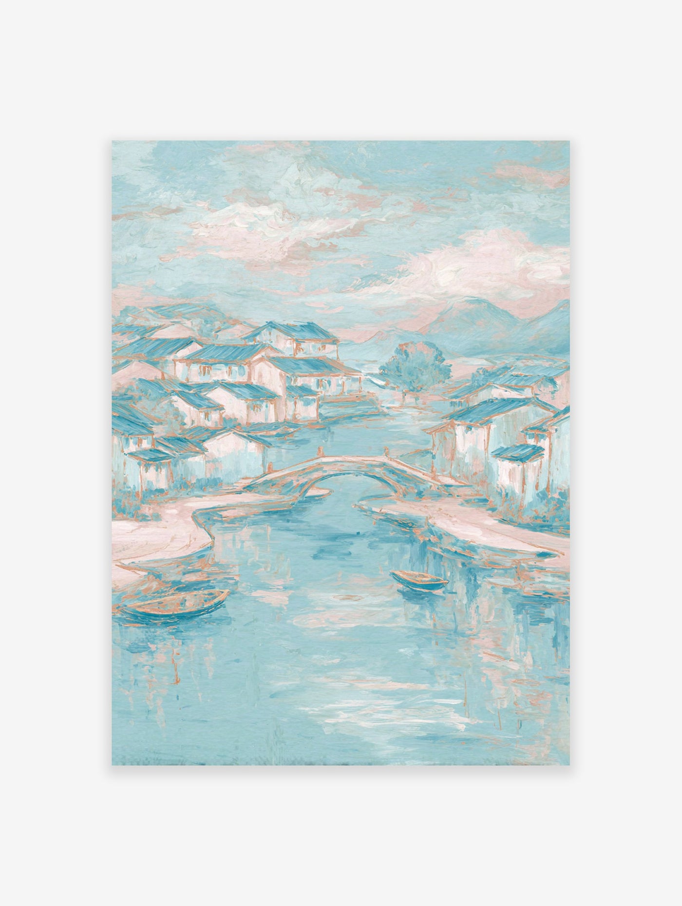 Textured river village painting with pastel teal and pink houses, bridge, boats on water, and mountains under a cloudy sky