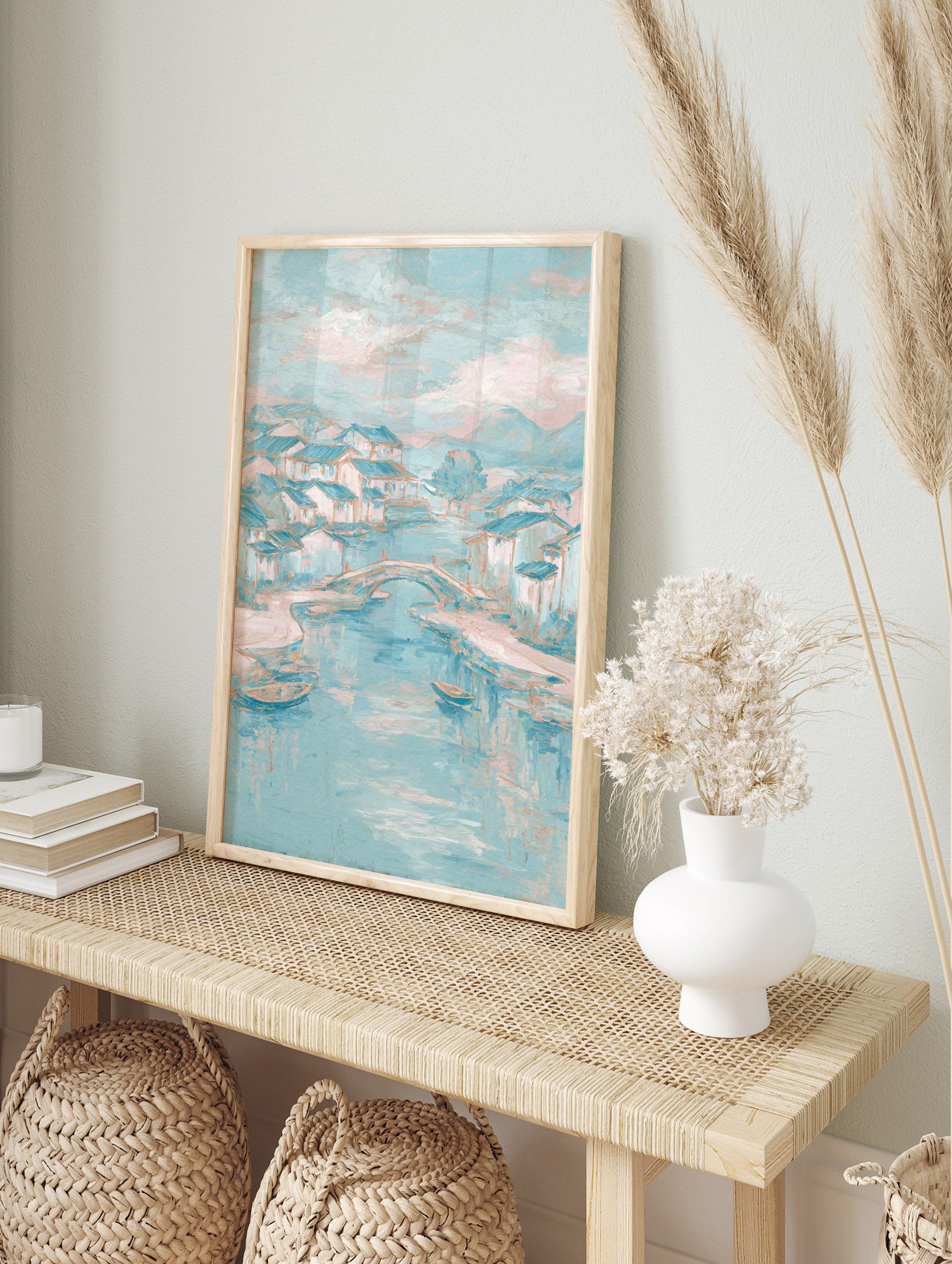 Textured river village painting with pastel teal and pink houses, bridge, boats on water, and mountains under a cloudy sky - Image 3