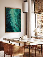Aerial view of two wooden boats on a winding river with vibrant green, swirling water, surrounded by dense forest. River wall art. - Image 3