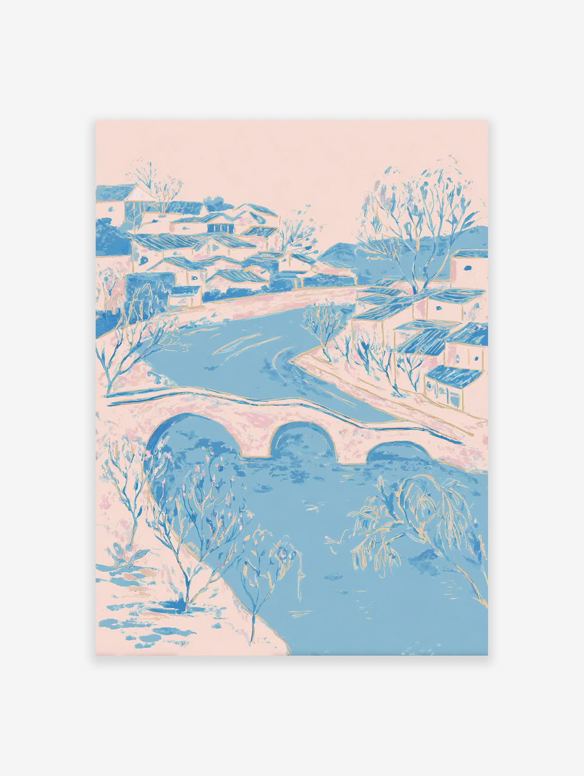 Illustrative riverside village wall art with pink and blue houses, a bridge over a river, and bare trees.