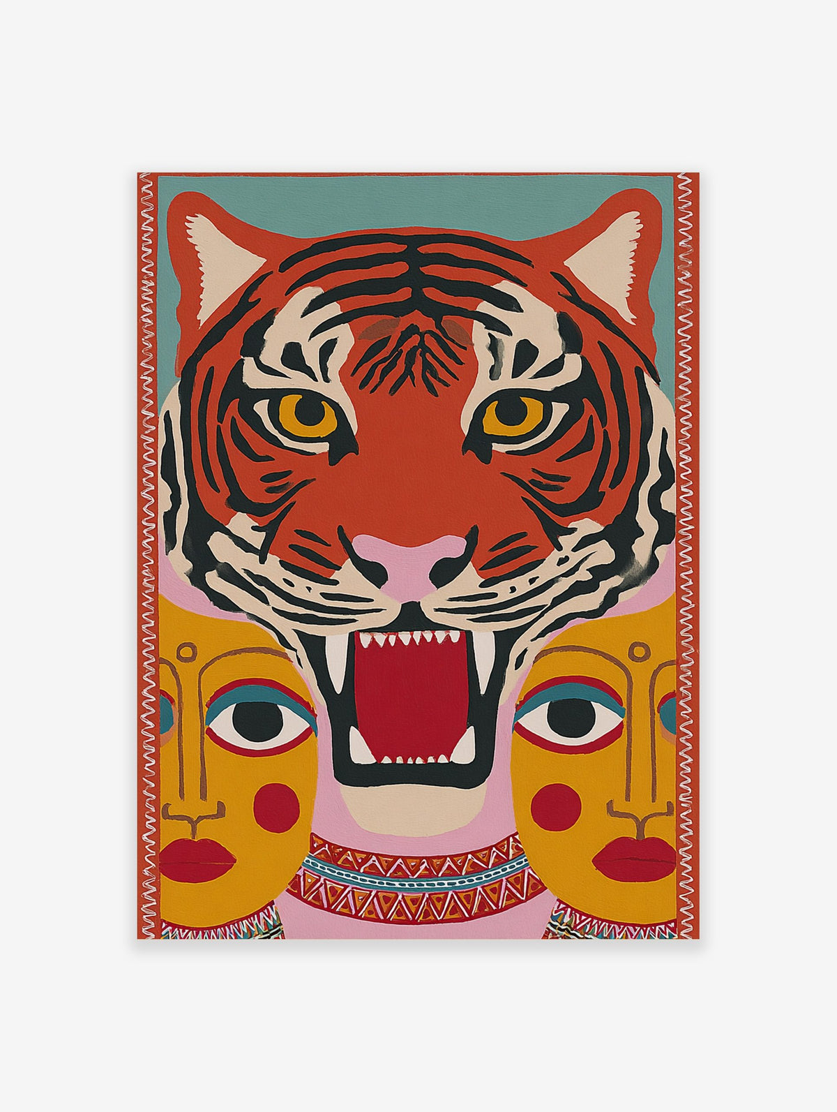 Stylised roaring tiger face with two yellow human faces below, in a vibrant folk art inspired print