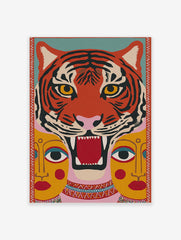 Stylised roaring tiger face with two yellow human faces below, in a vibrant folk art inspired print