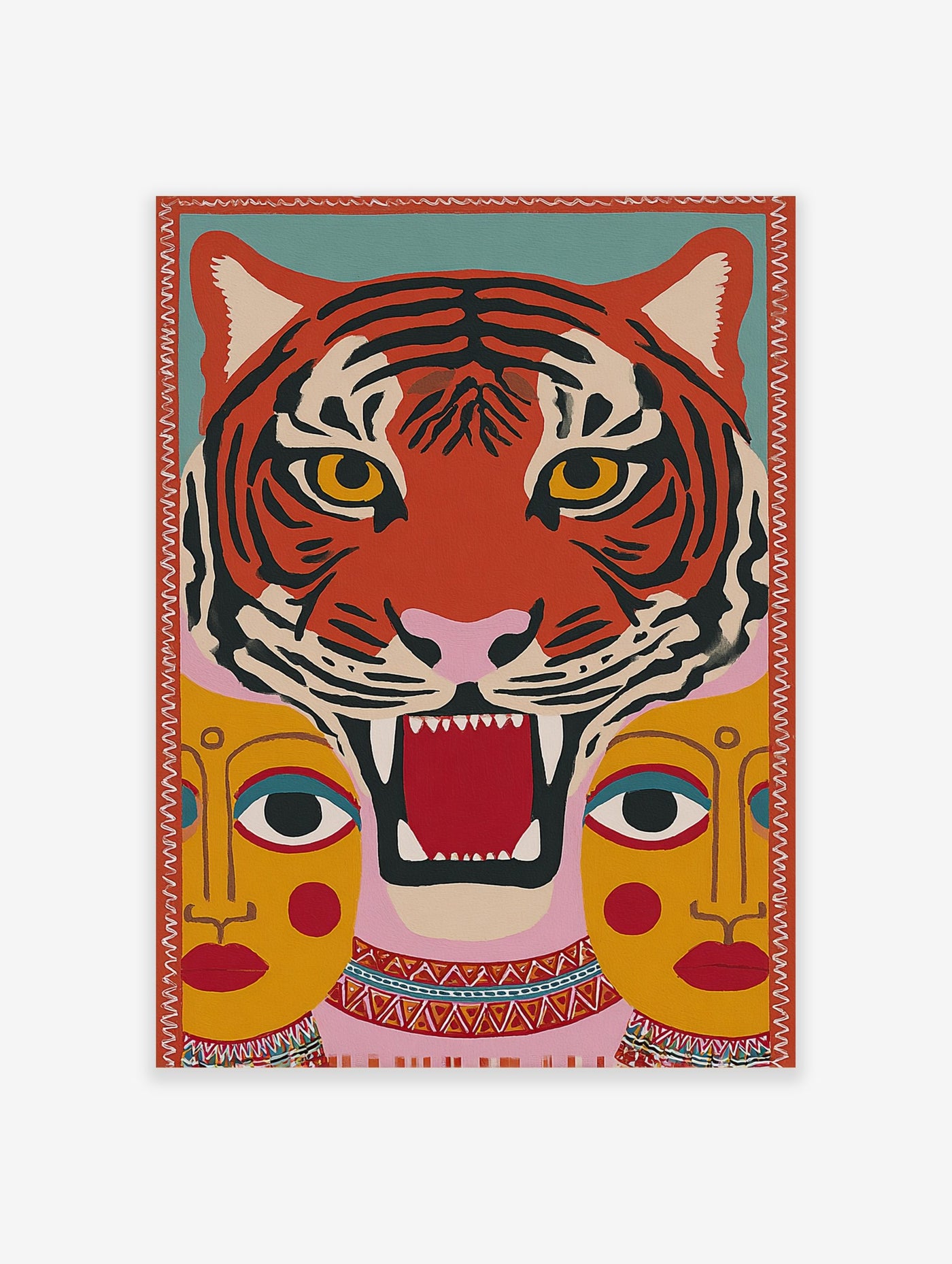 Stylised roaring orange and black tiger head with yellow eyes, and two yellow human-like faces below, on a teal and pink