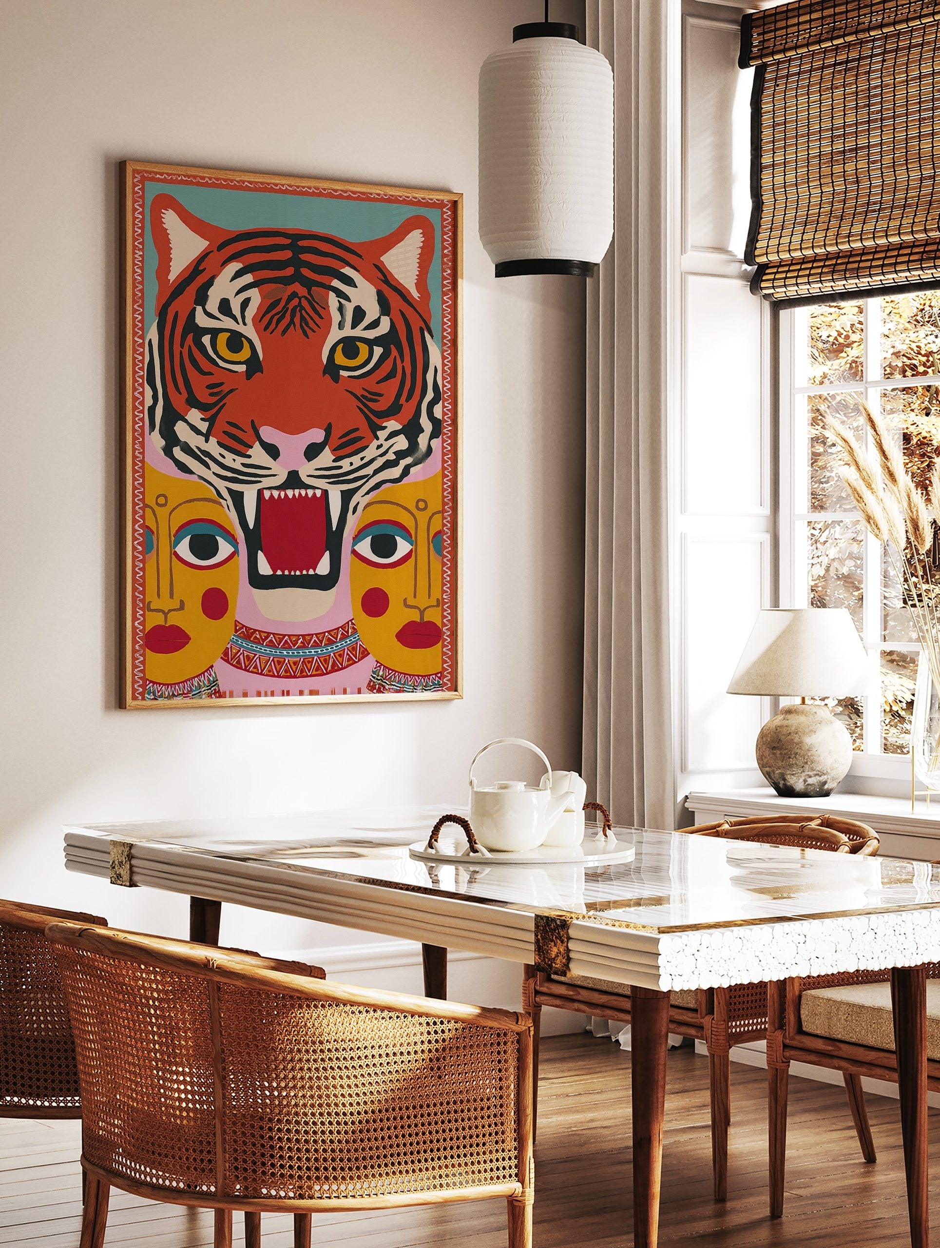 Stylised roaring orange and black tiger head with yellow eyes, and two yellow human-like faces, in a styled room mockup