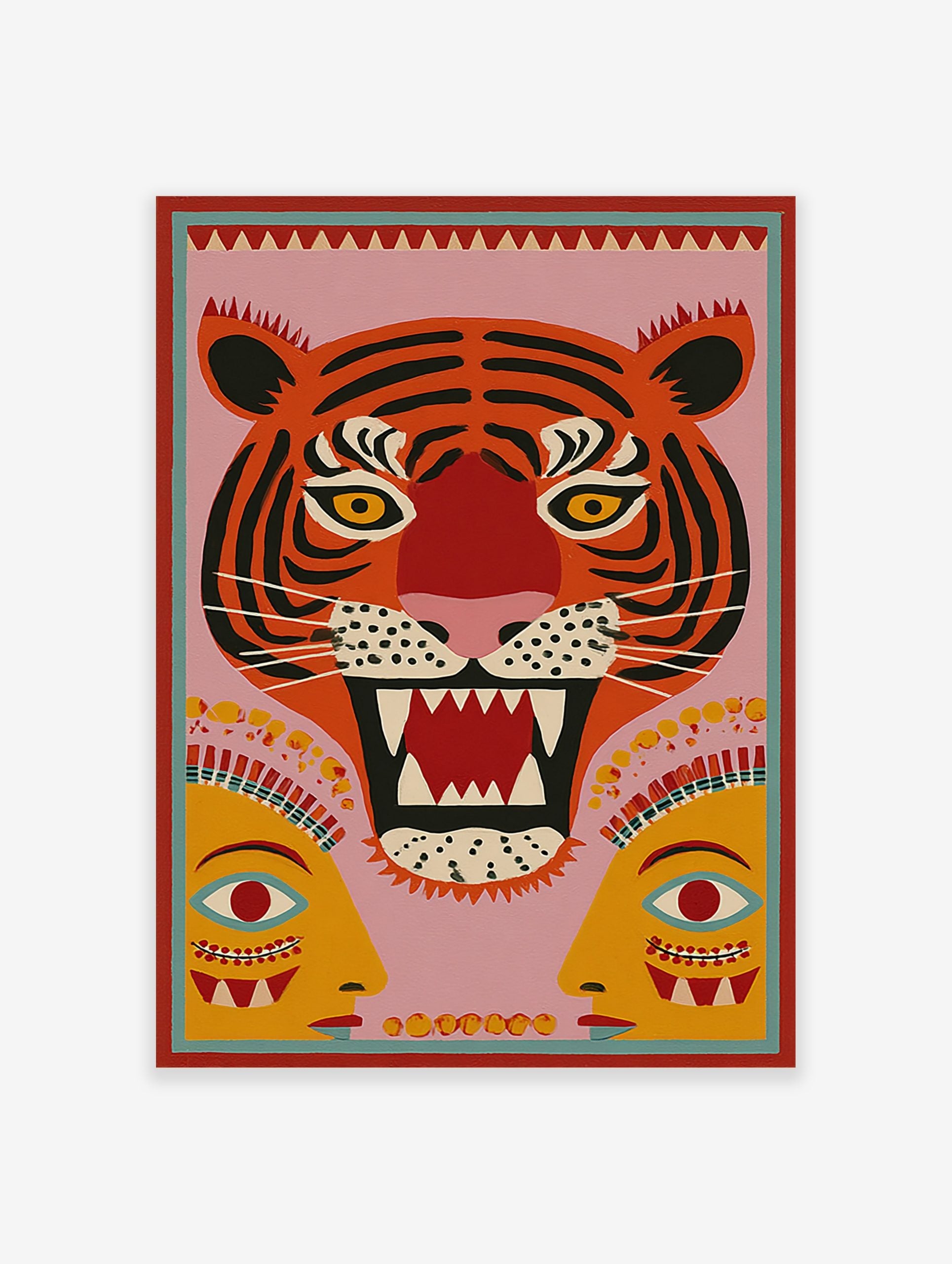 Stylised roaring tiger face with yellow eyes and two abstract human faces on a pink background, folk art print