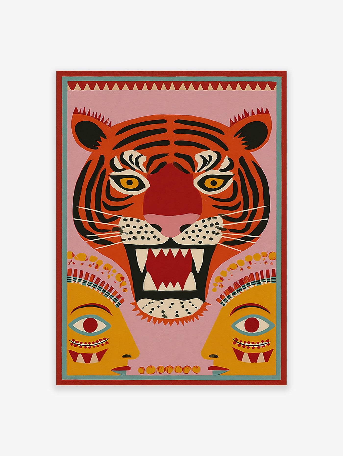 Stylised roaring tiger face with yellow eyes and two abstract human faces on a pink background, folk art print
