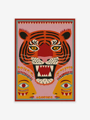 Stylised roaring tiger face with yellow eyes and two abstract human faces on a pink background, folk art print
