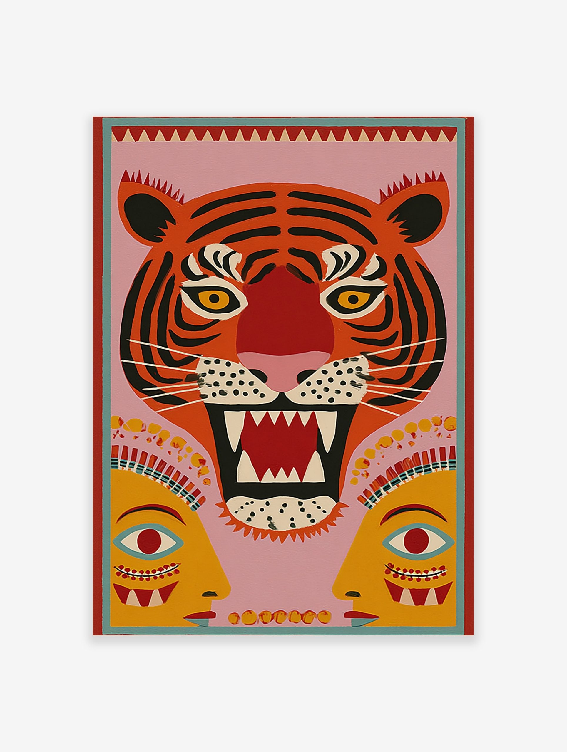 Roaring tiger head folk art print with black stripes, yellow eyes, red mouth, pink background, and two human faces