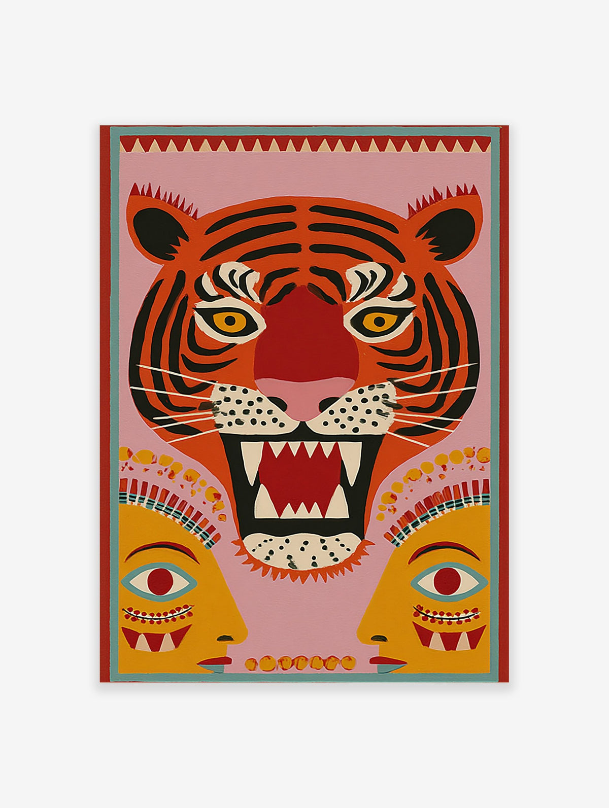 Roaring tiger head folk art print with black stripes, yellow eyes, red mouth, pink background, and two human faces
