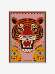 Roaring tiger head folk art print with black stripes, yellow eyes, red mouth, pink background, and two human faces