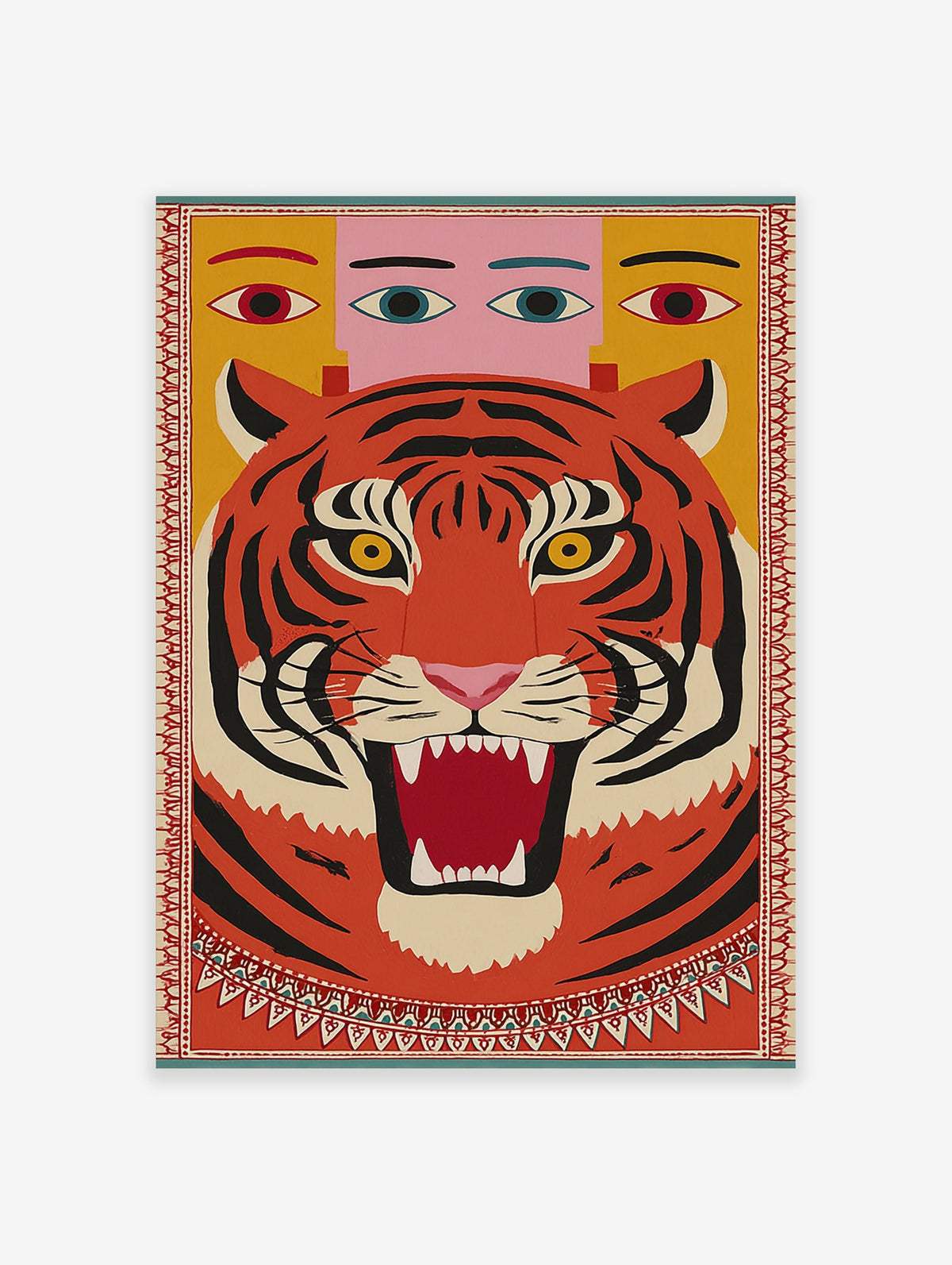 Roaring tiger head with black stripes and yellow eyes, human-like eyes above, framed by a decorative border