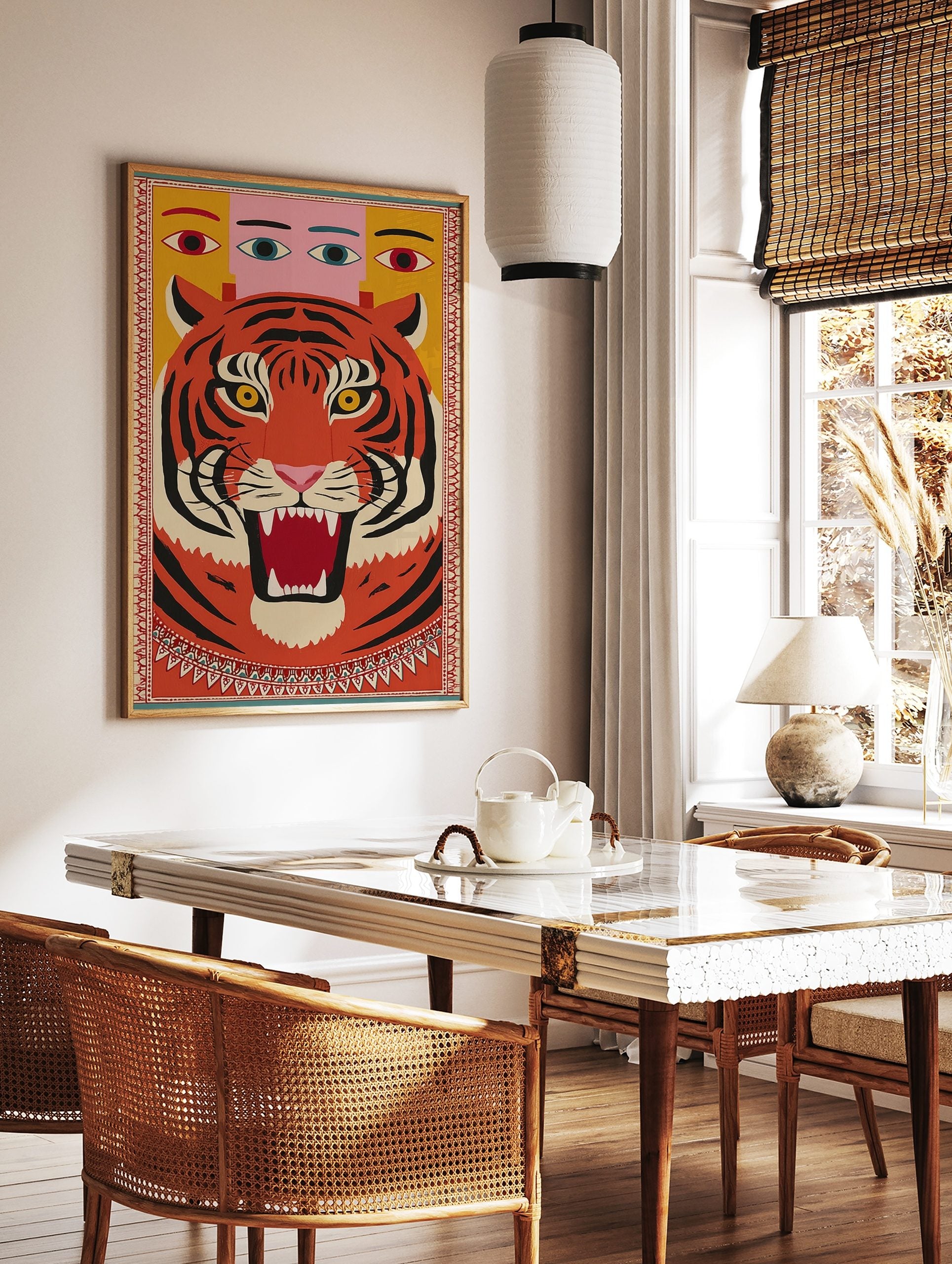 Roaring tiger head with black stripes and yellow eyes, human-like eyes above, framed by a, in a styled room mockup
