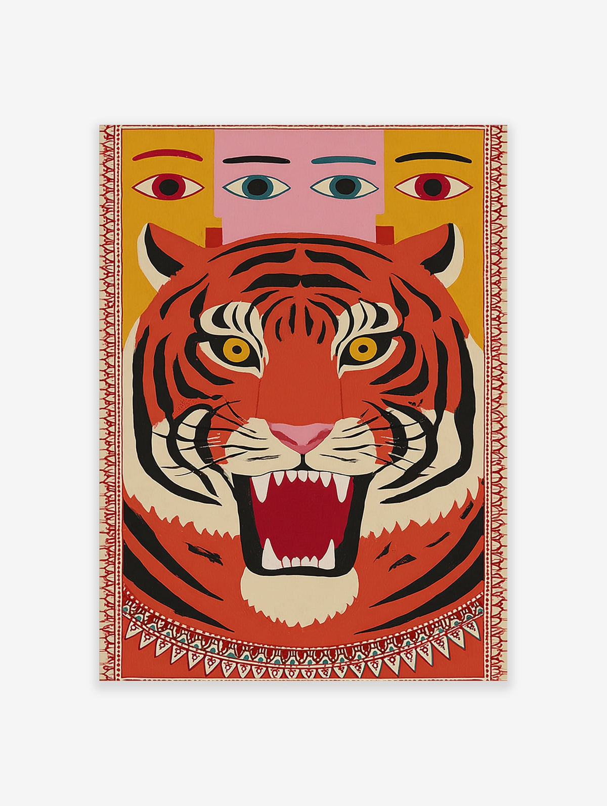 Bold illustrative roaring tiger wall art with multi-eyed figure on yellow background, framed by decorative border