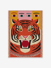Bold illustrative roaring tiger wall art with multi-eyed figure on yellow background, framed by decorative border