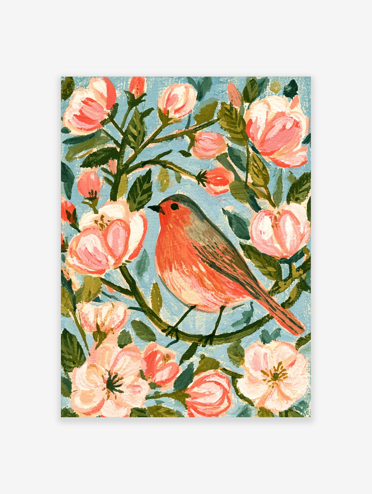 Robin bird perched on a branch with pink and white blossoms on a soft blue background