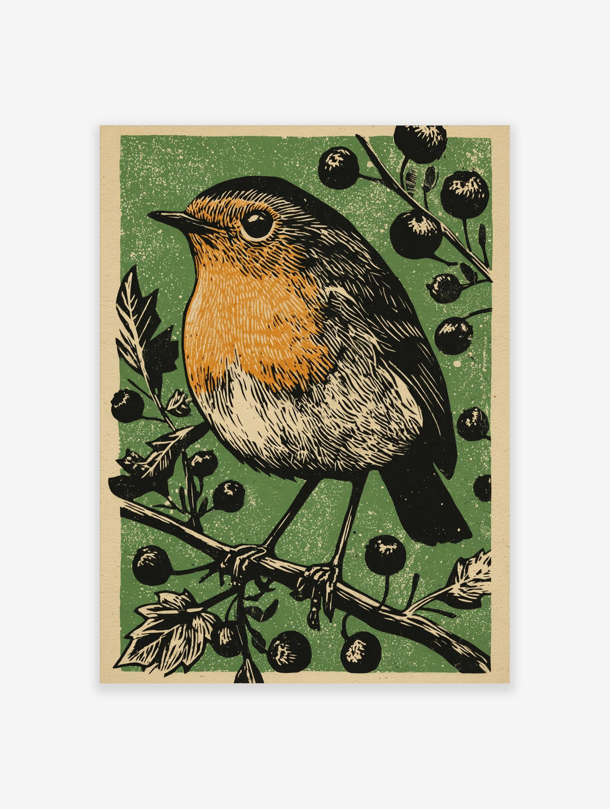 Linocut style illustration of a robin bird with orange breast on a berry branch, green background