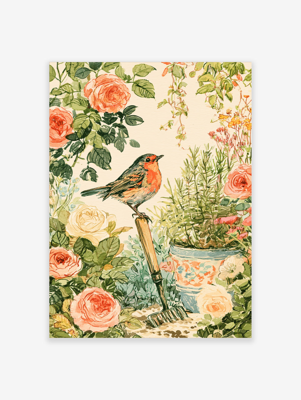 Watercolour robin on a rake handle among pink roses and green leaves, unframed paper print