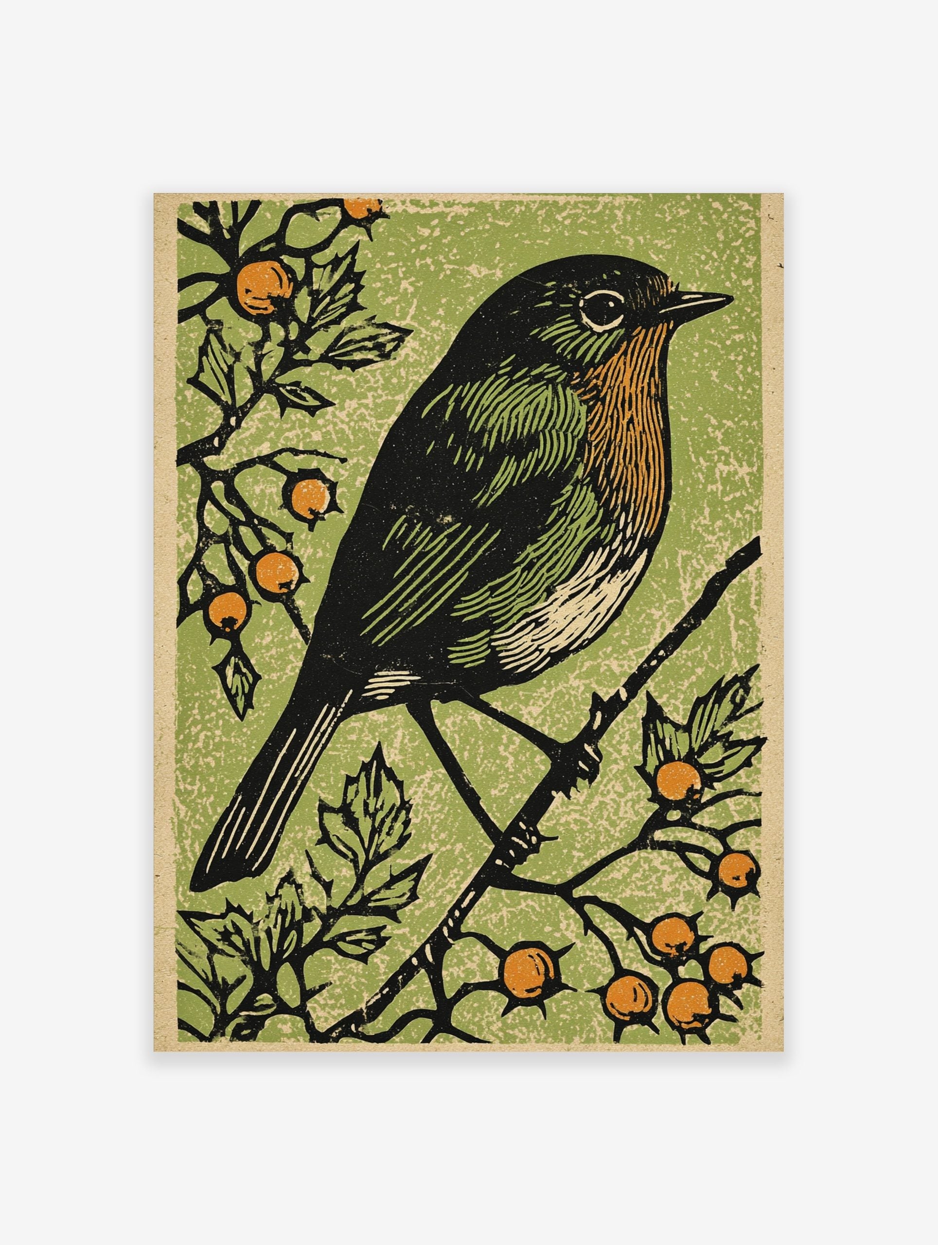 Woodcut style art print of a robin bird with orange breast on a branch with green leaves and orange berries