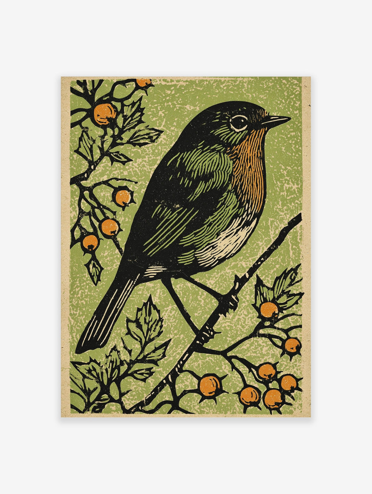 Woodcut style art print of a robin bird with orange breast on a branch with green leaves and orange berries