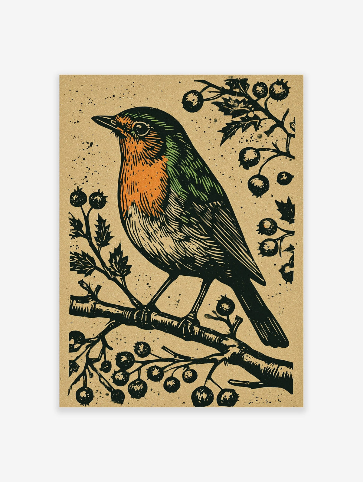Linocut style art print of a robin bird with orange breast on a berry branch, textured beige background
