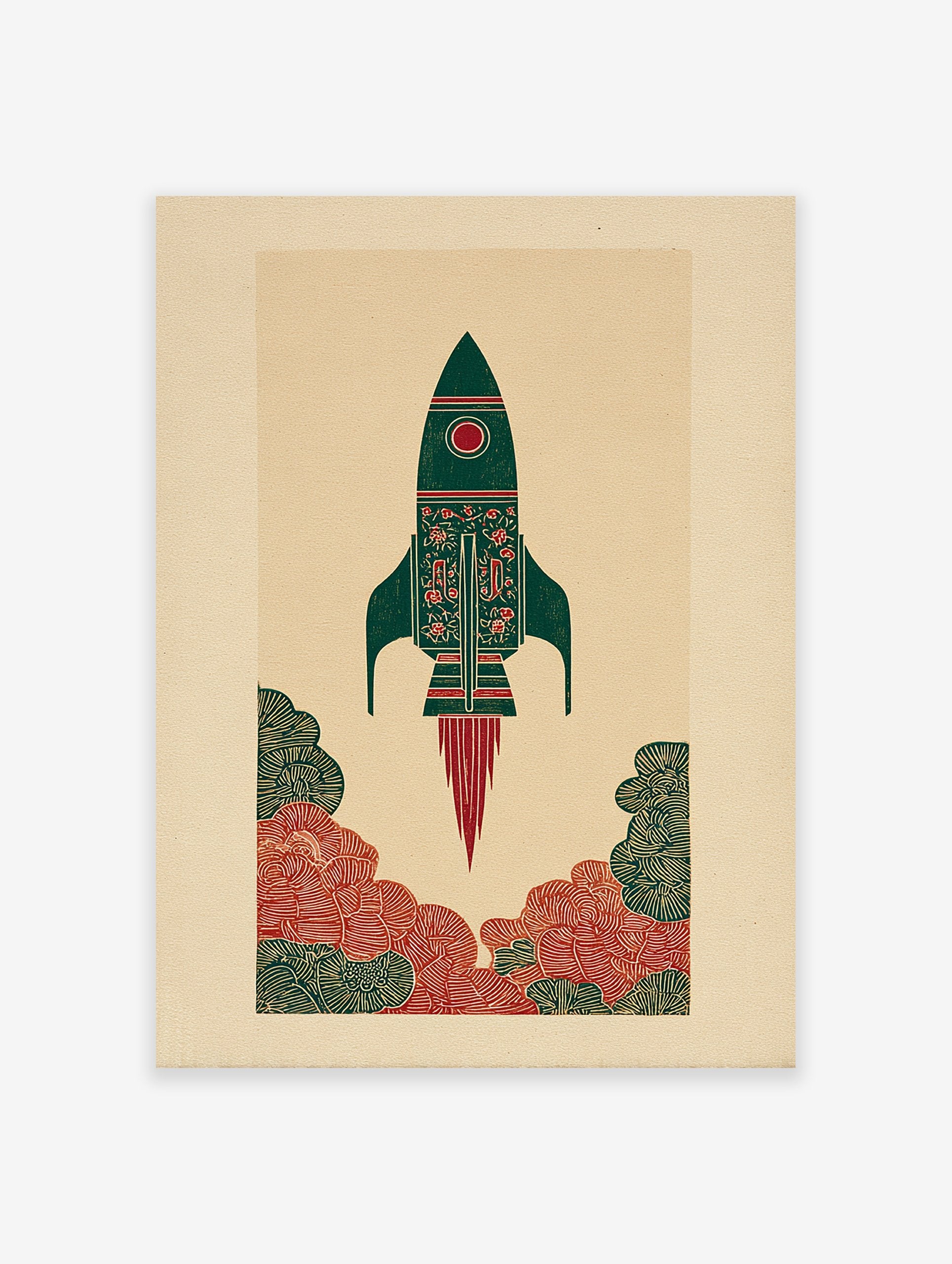 Illustrative rocket art print in green and red with cultural patterns, launching amidst stylized clouds on a beige background.