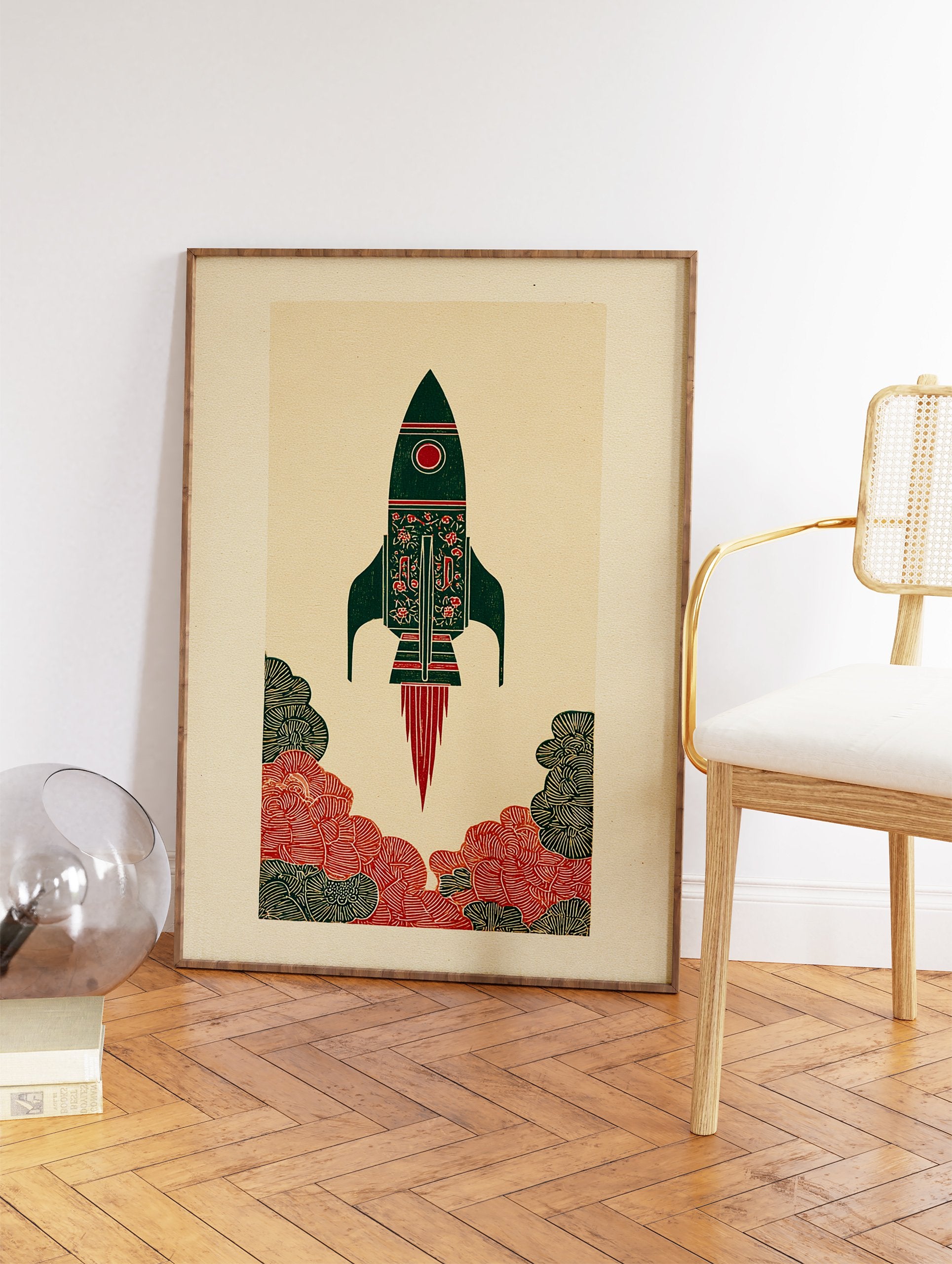 Illustrative rocket art print in green and red with cultural patterns, launching amidst stylized clouds on a beige background. - Image 2