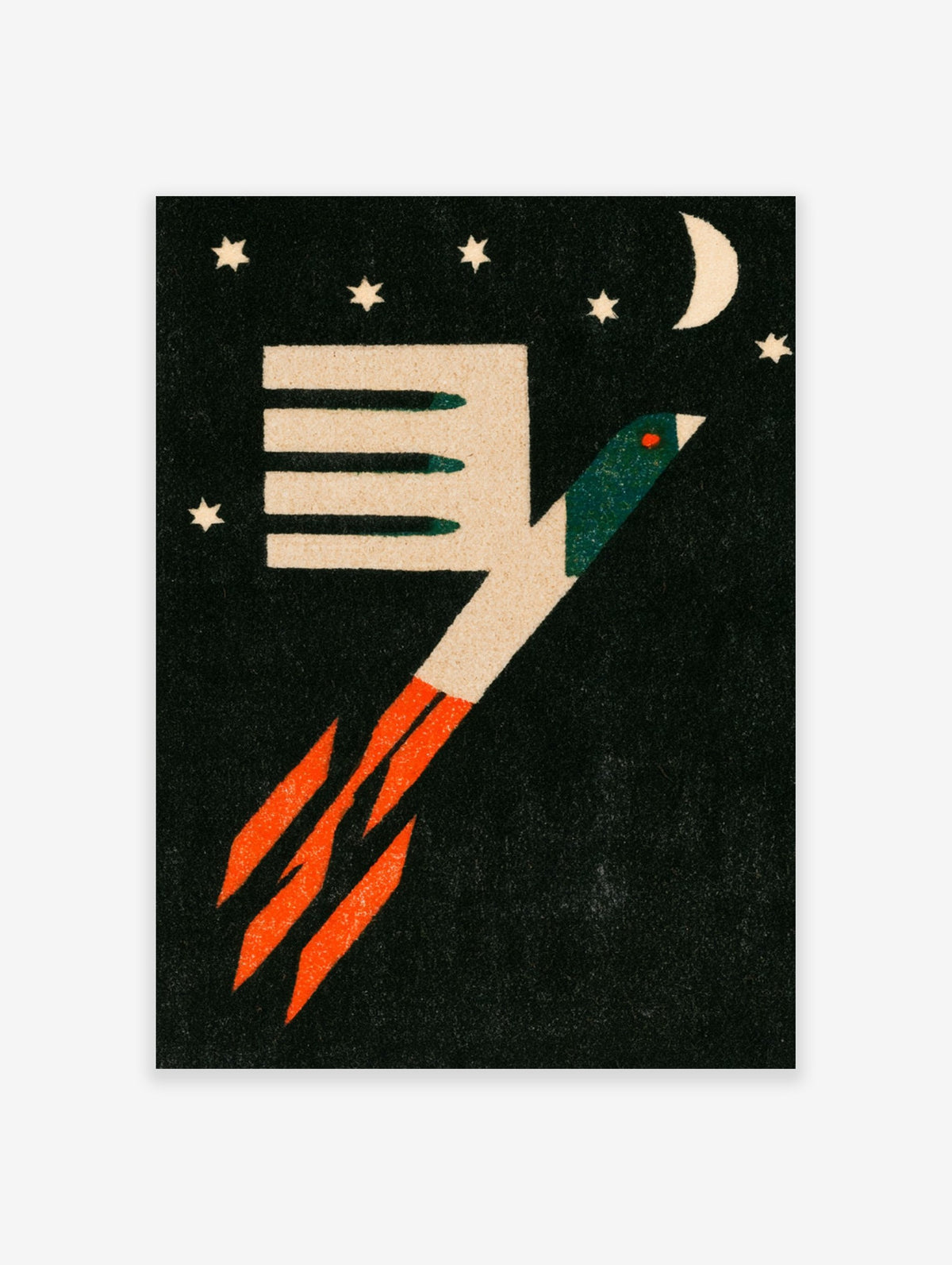 Illustrative rocket bird wall art with orange flames and green wings against a black starry night background