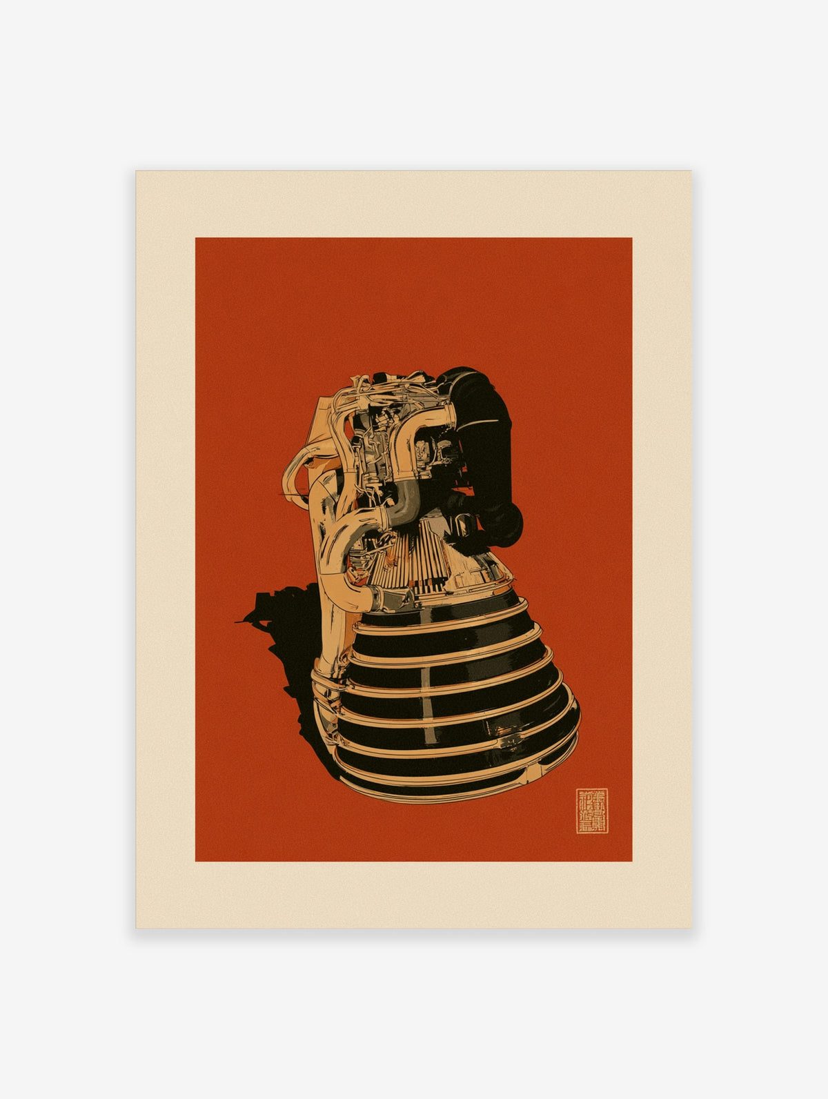 Retrofuturist rocket engine poster with bell nozzle, pipework, and black shadow on rust-red background