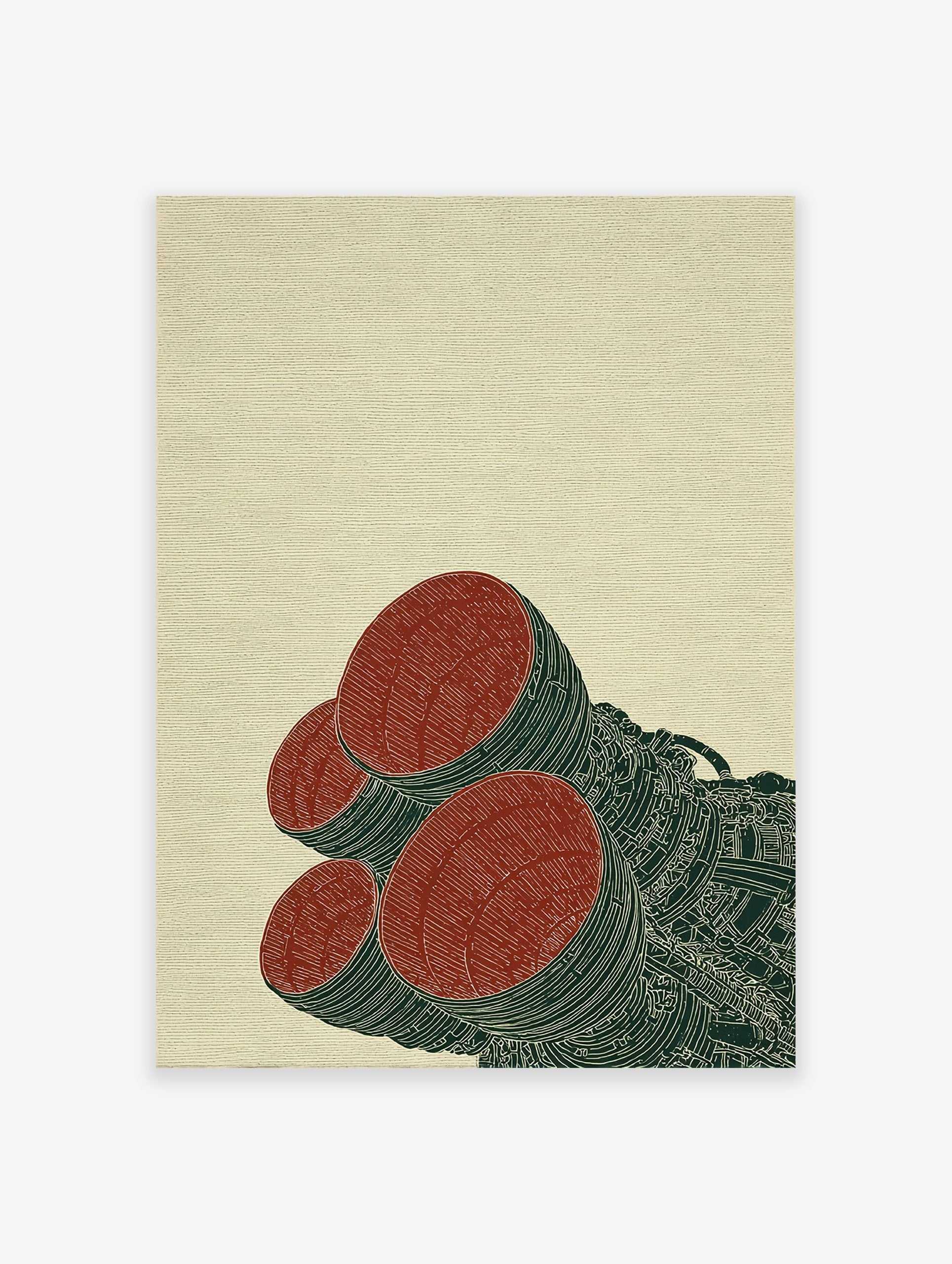 Stylized illustration of rocket engines in red and dark green on a light textured background, industrial sci-fi art print.