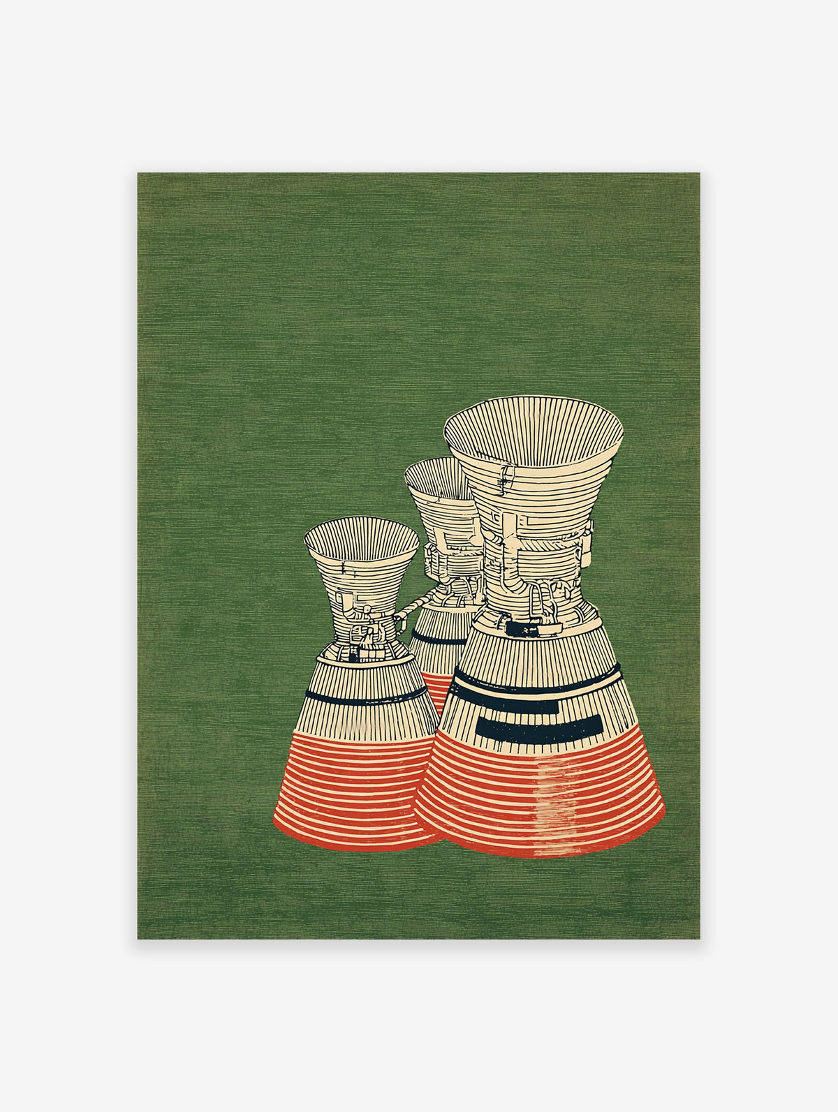 Illustration of three detailed rocket engines with red stripes and black accents against a textured green background, retro style.