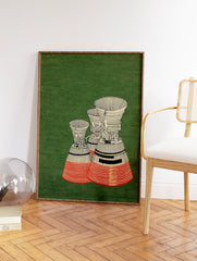 Illustration of three detailed rocket engines with red stripes and black accents against a textured green background, retro style. - Image 2