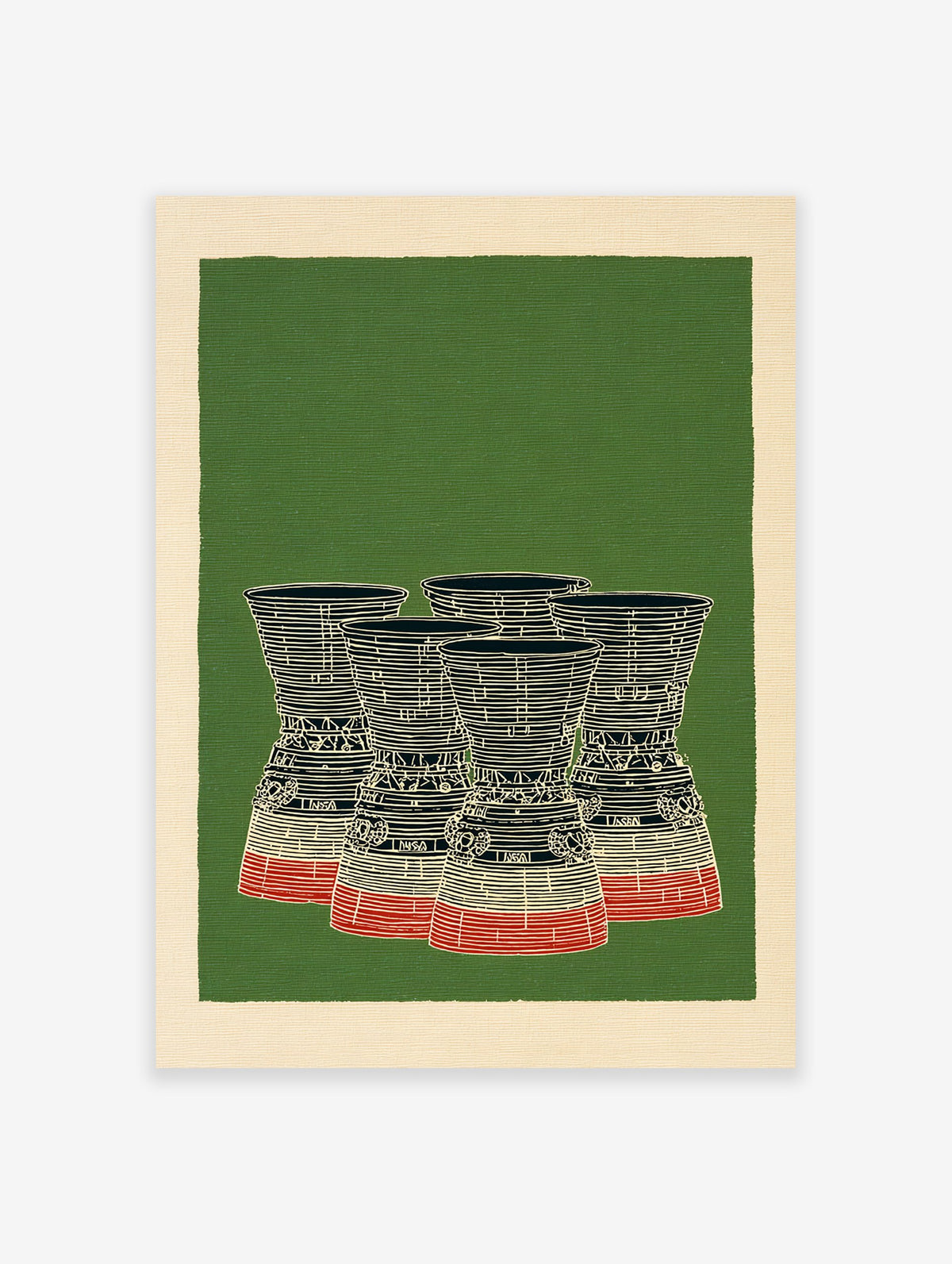 Illustration of five rocket engine nozzles in black, white, and red on a green background with a cream border, retro rocket engine wall art.