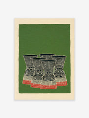 Illustration of five rocket engine nozzles in black, white, and red on a green background with a cream border, retro rocket engine wall art.