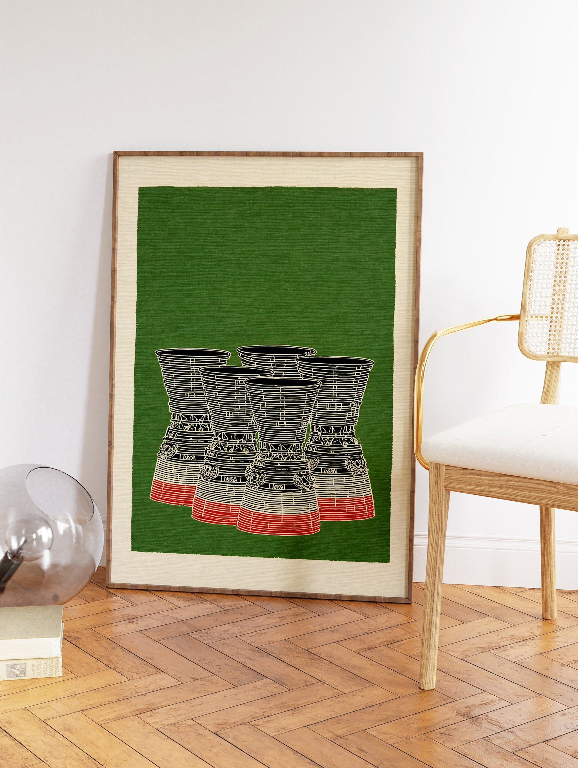 Illustration of five rocket engine nozzles in black, white, and red on a green background with a cream border, retro rocket engine wall art. - Image 2