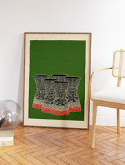 Illustration of five rocket engine nozzles in black, white, and red on a green background with a cream border, retro rocket engine wall art. - Image 2