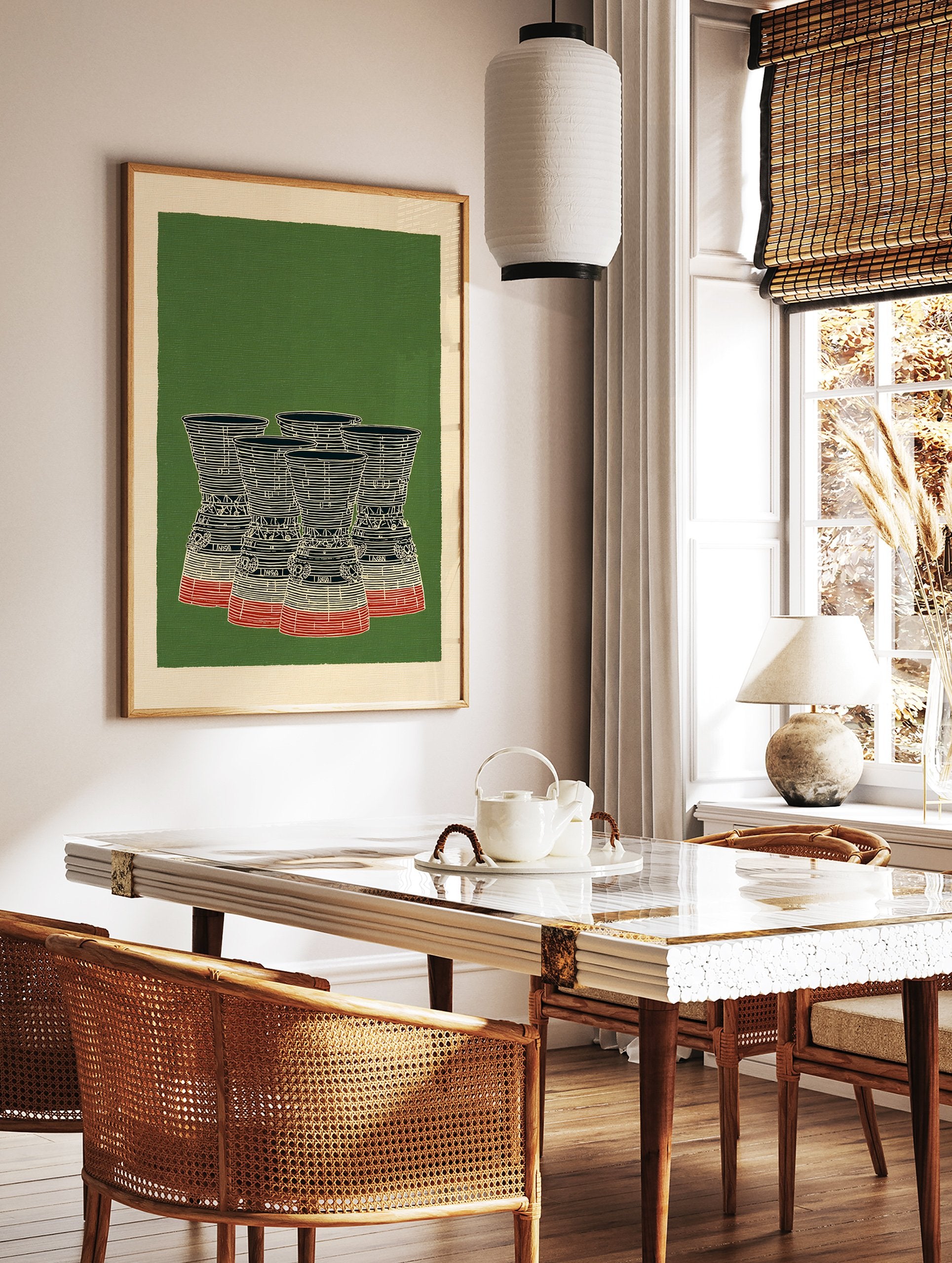 Illustration of five rocket engine nozzles in black, white, and red on a green background with a cream border, retro rocket engine wall art. - Image 3