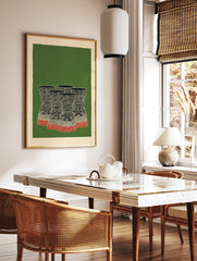 Illustration of five rocket engine nozzles in black, white, and red on a green background with a cream border, retro rocket engine wall art. - Image 3