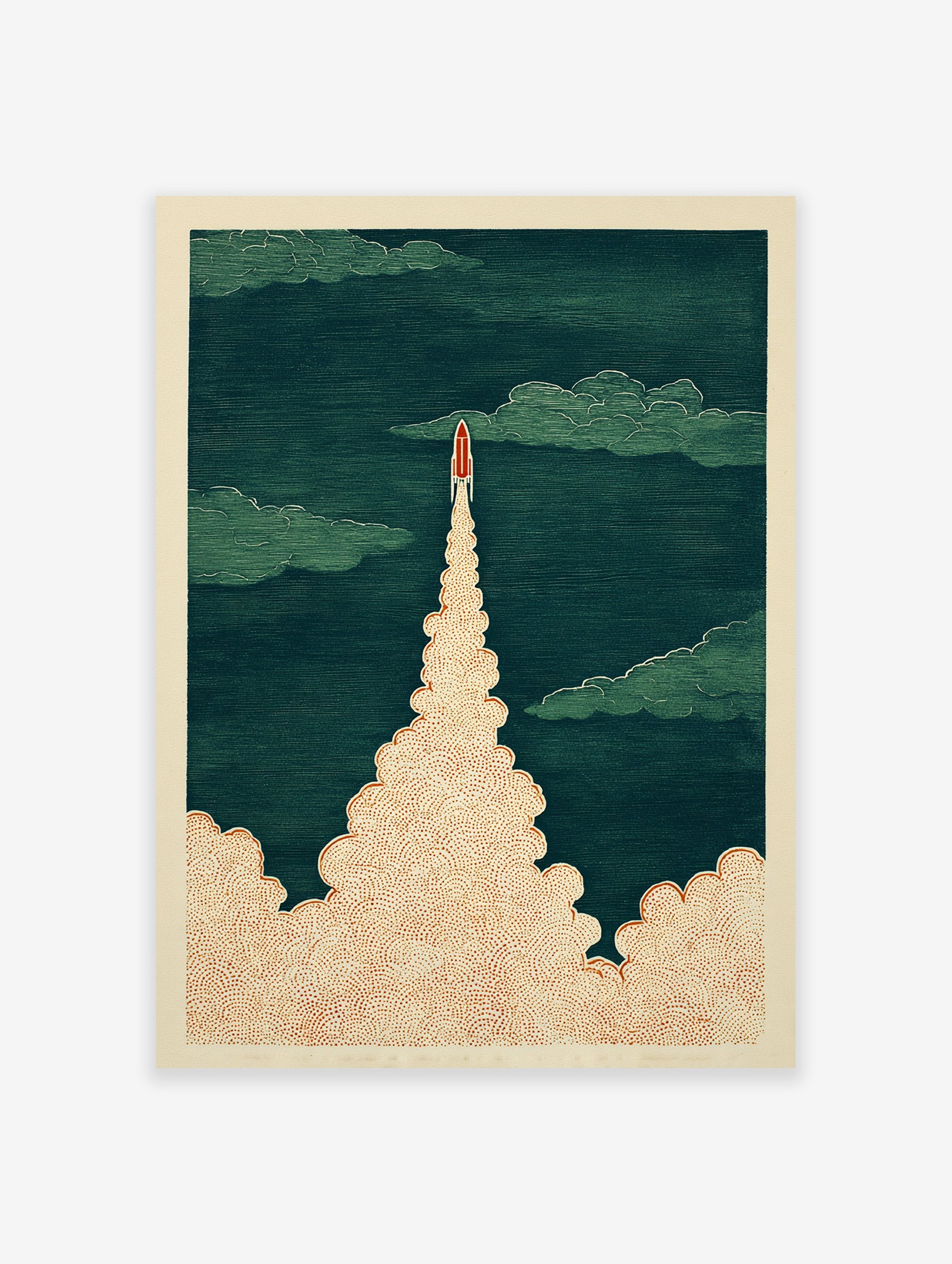 Dynamic rocket launch art print in red and green, showing a rocket ascending through clouds with a textured smoke trail.