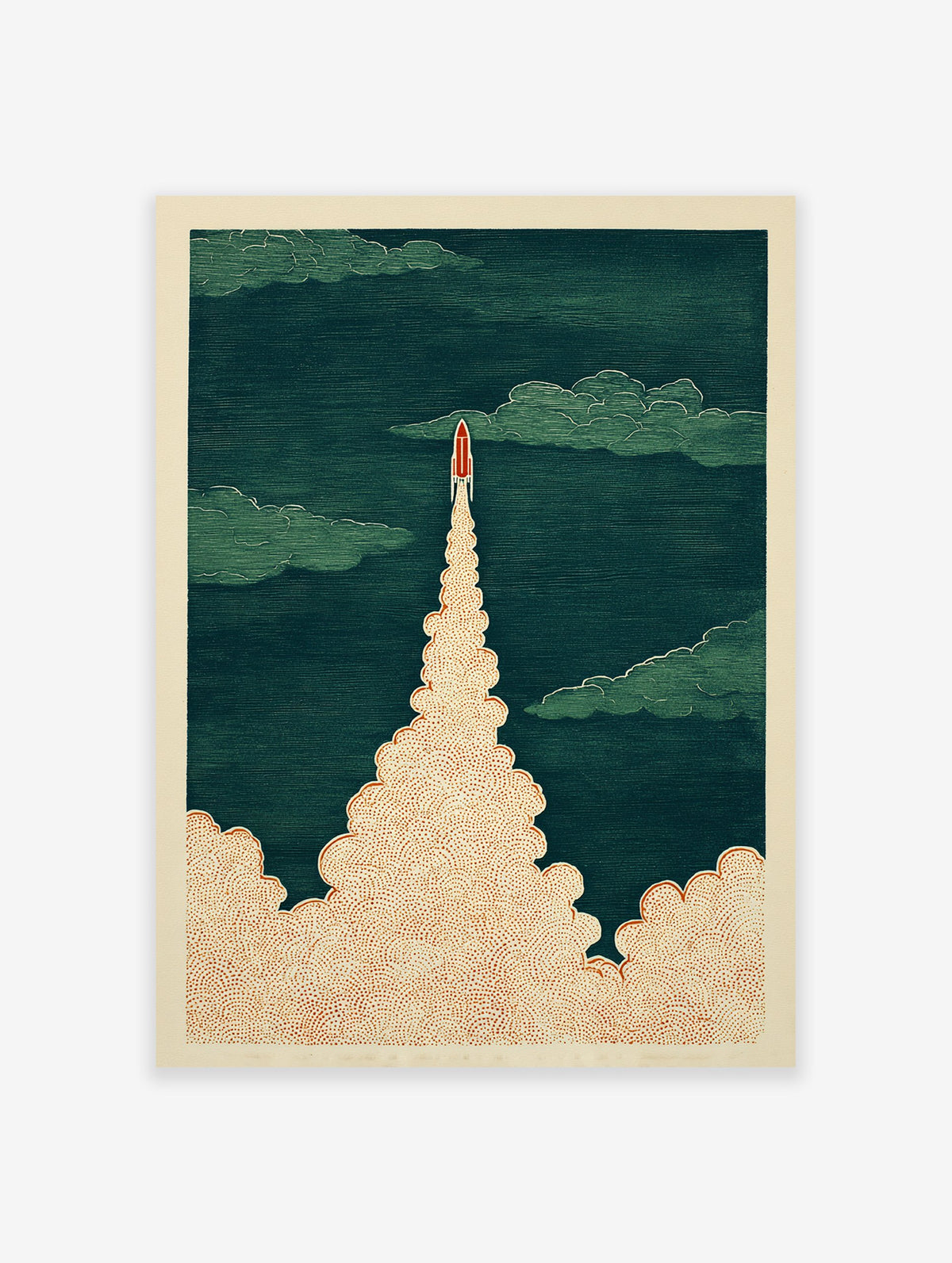 Dynamic rocket launch art print in red and green, showing a rocket ascending through clouds with a textured smoke trail.