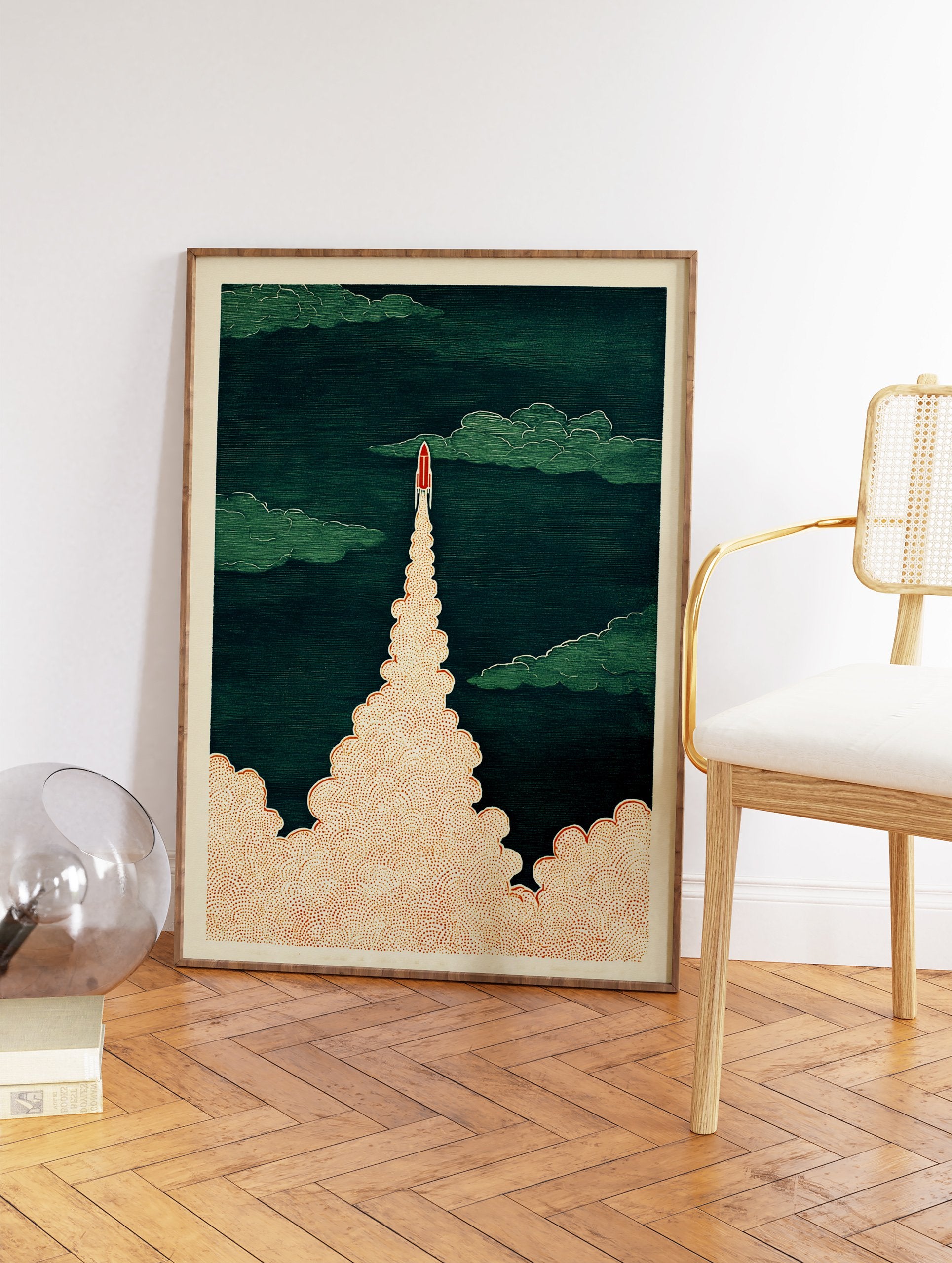 Dynamic rocket launch art print in red and green, showing a rocket ascending through clouds with a textured smoke trail. - Image 2