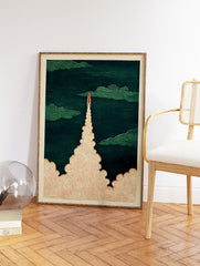 Dynamic rocket launch art print in red and green, showing a rocket ascending through clouds with a textured smoke trail. - Image 2