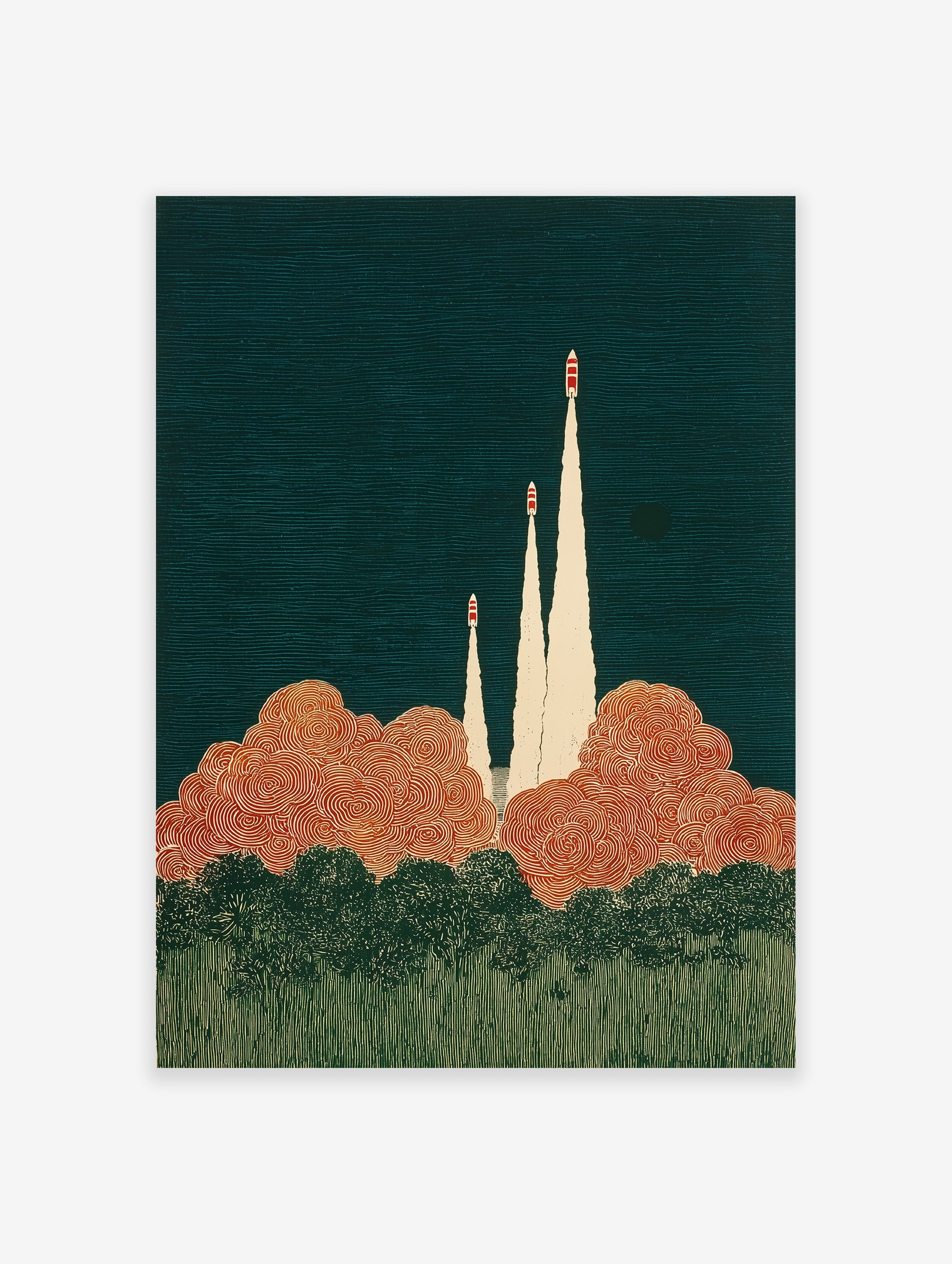 Retro illustrative rocket launch art print with three rockets, orange clouds, and dark teal sky.