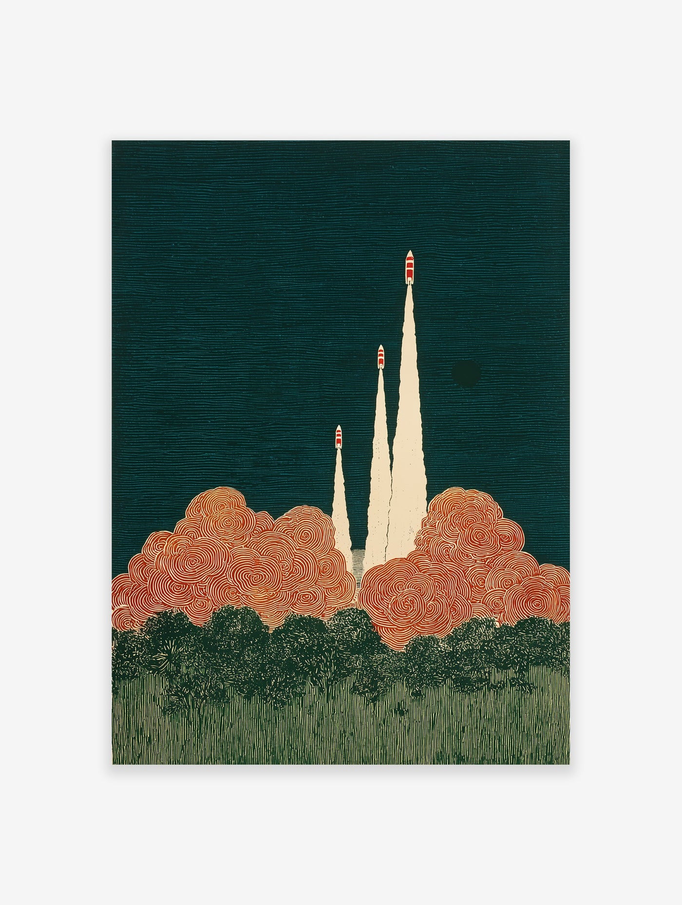 Retro illustrative rocket launch art print with three rockets, orange clouds, and dark teal sky.